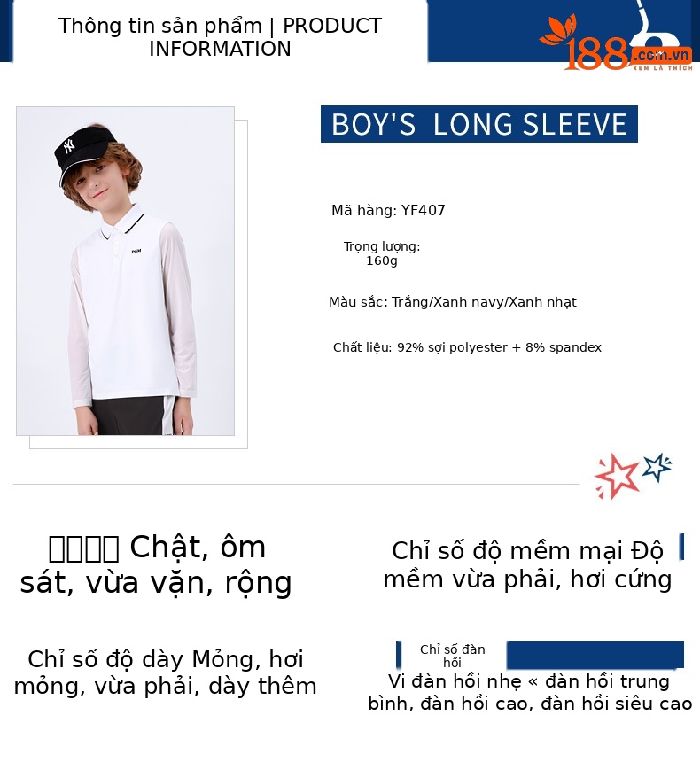 Áo thun golf trẻ em PGM tay dài mùa xuân hè — YF407 màu trắng, YF407 màu xanh nhạt, YF407 màu xanh hải quân chi tiết 4