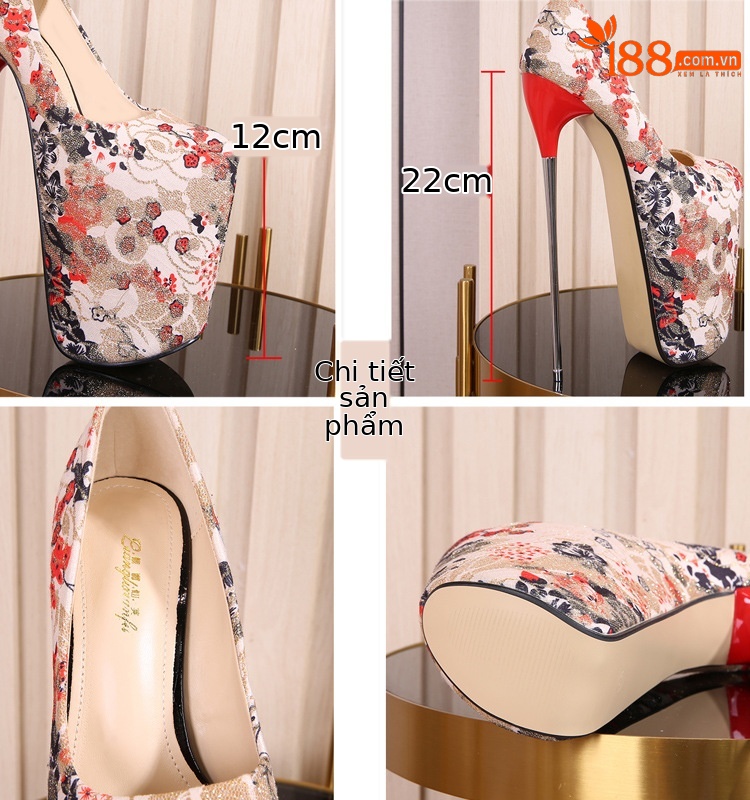 Giày cao gót nữ mũi nhọn ren đen, gót 19 cm, phong cách hộp đêm — Cao gót 19cm màu xanh lam chi tiết 3