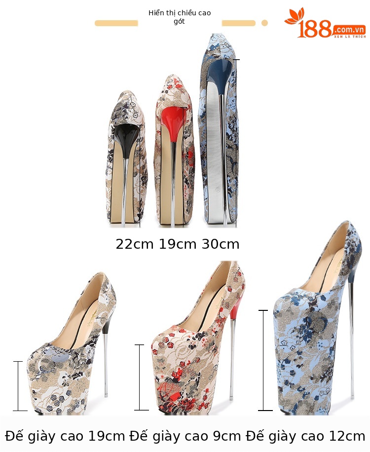 Giày cao gót nữ mũi nhọn ren đen, gót 19 cm, phong cách hộp đêm — Cao gót 19cm màu xanh lam chi tiết 4