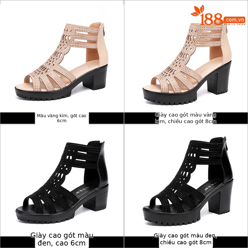 Sandal cao gót nữ đế dày mũi hở gót 8 cm — Màu đen 8 cm, Màu vàng 6 cm, Màu vàng 8 cm, Màu đen 6 cm