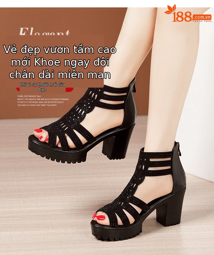 Sandal cao gót nữ đế dày mũi hở gót 8 cm — Màu đen 8 cm, Màu vàng 6 cm, Màu vàng 8 cm, Màu đen 6 cm chi tiết 3