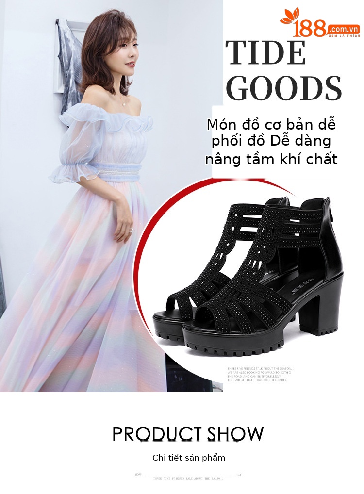Sandal cao gót nữ đế dày mũi hở gót 8 cm — Màu đen 8 cm, Màu vàng 6 cm, Màu vàng 8 cm, Màu đen 6 cm chi tiết 6