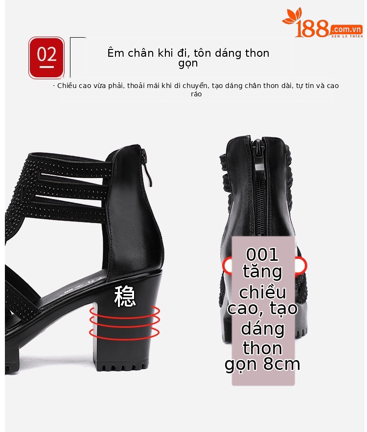 Sandal cao gót nữ đế dày mũi hở gót 8 cm — Màu đen 8 cm, Màu vàng 6 cm, Màu vàng 8 cm, Màu đen 6 cm chi tiết 8