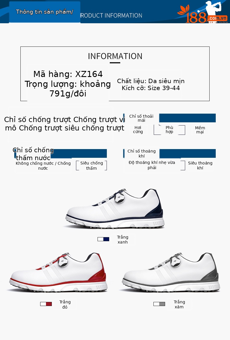 Giày golf PGM chống nước nam đinh chống trượt — XZ164IP cao su không thấm nước giày-Trắng Đỏ, XZ164IP cao su không thấm nước giày-Trắng Xám, XZ164IP cao su không thấm nước giày-Trắng Xanh chi tiết 9