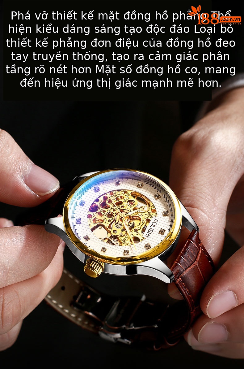 Đồng hồ nam Automatic Skeleton Tourbillon lộ máy, dây da hoặc thép, mặt kính chống xước, phát quang, chống nước chi tiết 2