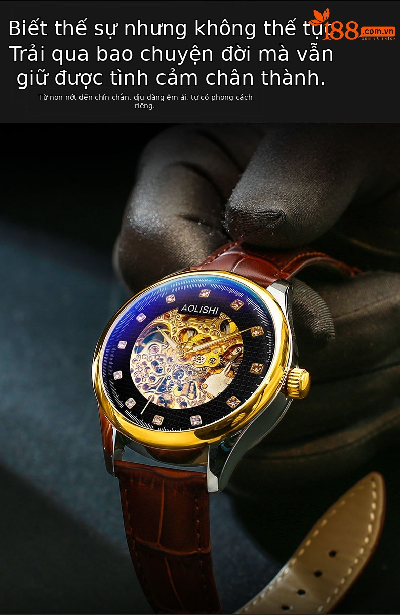 Đồng hồ nam Automatic Skeleton Tourbillon lộ máy, dây da hoặc thép, mặt kính chống xước, phát quang, chống nước chi tiết 3