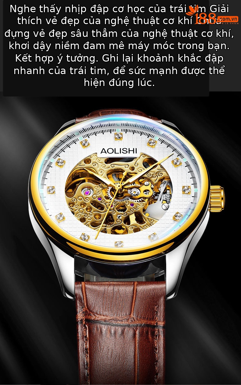 Đồng hồ nam Automatic Skeleton Tourbillon lộ máy, dây da hoặc thép, mặt kính chống xước, phát quang, chống nước chi tiết 4