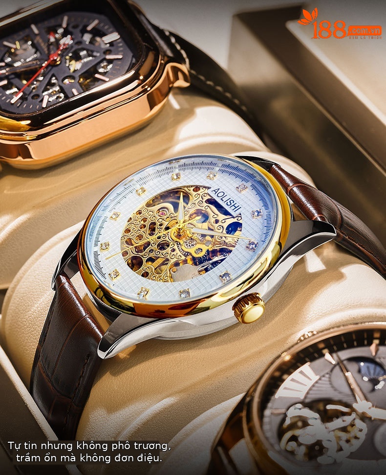 Đồng hồ nam Automatic Skeleton Tourbillon lộ máy, dây da hoặc thép, mặt kính chống xước, phát quang, chống nước chi tiết 5