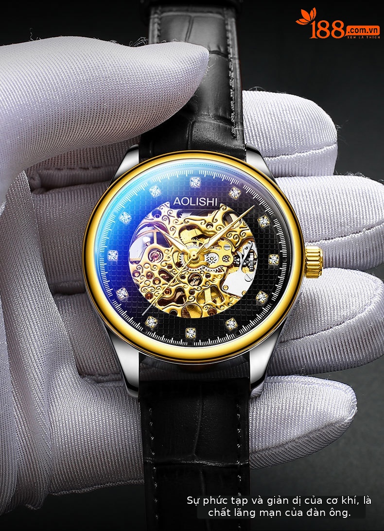 Đồng hồ nam Automatic Skeleton Tourbillon lộ máy, dây da hoặc thép, mặt kính chống xước, phát quang, chống nước chi tiết 6