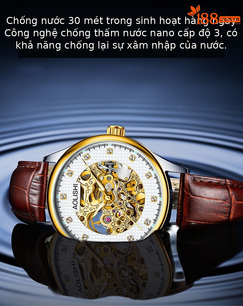 Đồng hồ nam Automatic Skeleton Tourbillon lộ máy, dây da hoặc thép, mặt kính chống xước, phát quang, chống nước chi tiết 7