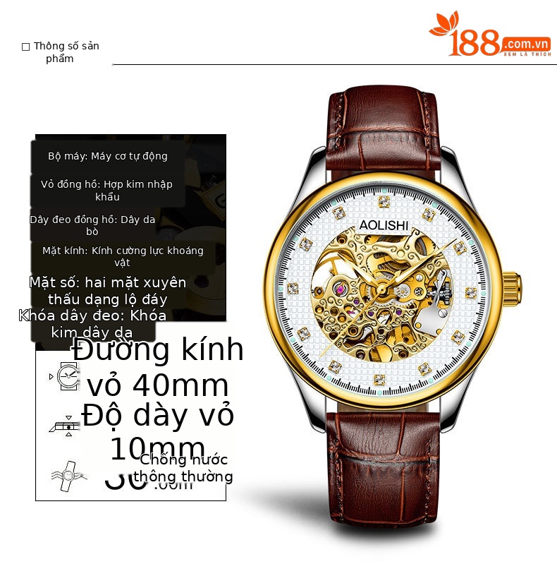 Đồng hồ nam Automatic Skeleton Tourbillon lộ máy, dây da hoặc thép, mặt kính chống xước, phát quang, chống nước chi tiết 8