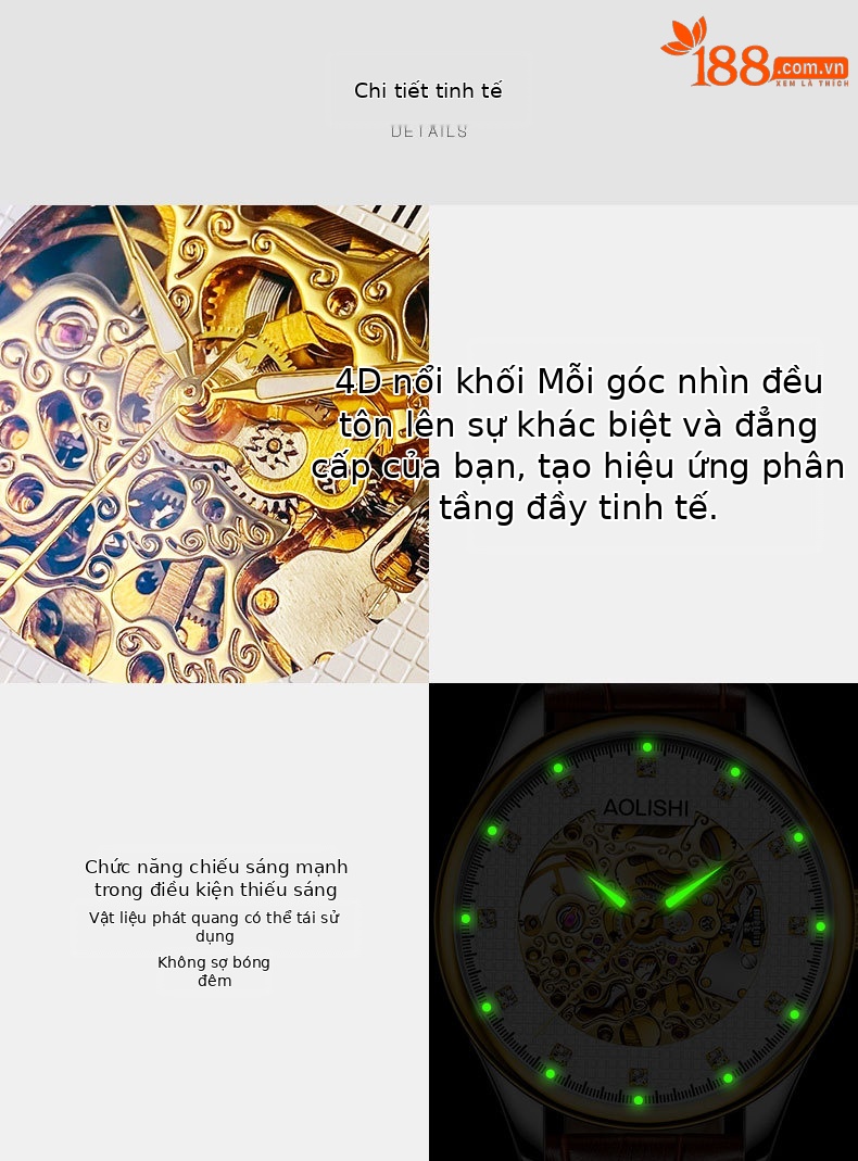 Đồng hồ nam Automatic Skeleton Tourbillon lộ máy, dây da hoặc thép, mặt kính chống xước, phát quang, chống nước chi tiết 9