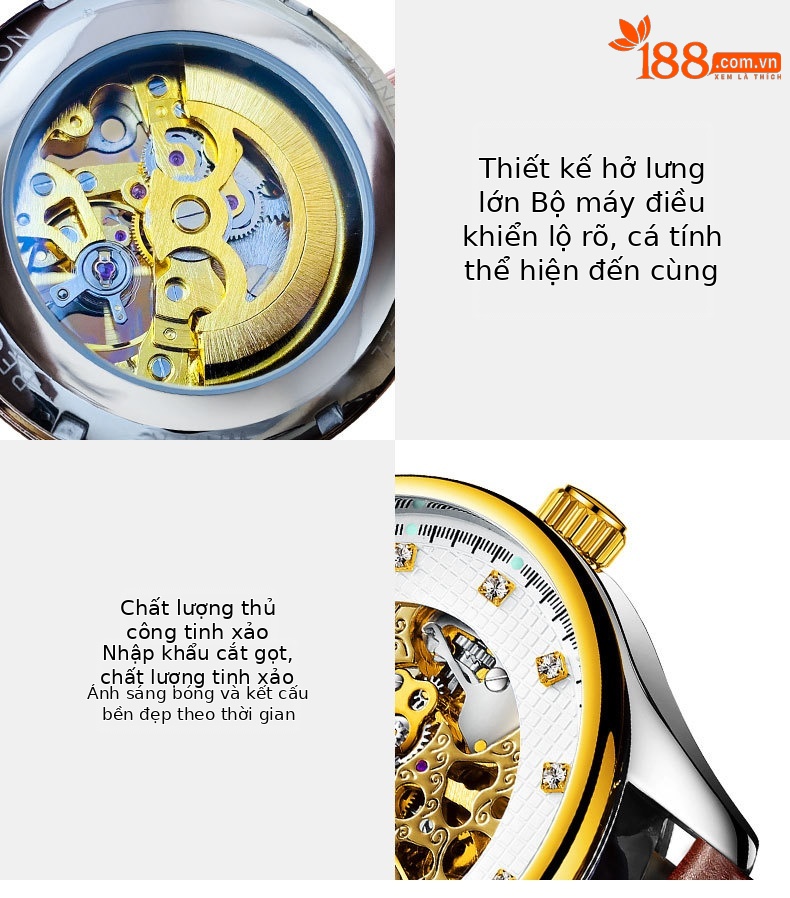 Đồng hồ nam Automatic Skeleton Tourbillon lộ máy, dây da hoặc thép, mặt kính chống xước, phát quang, chống nước chi tiết 10