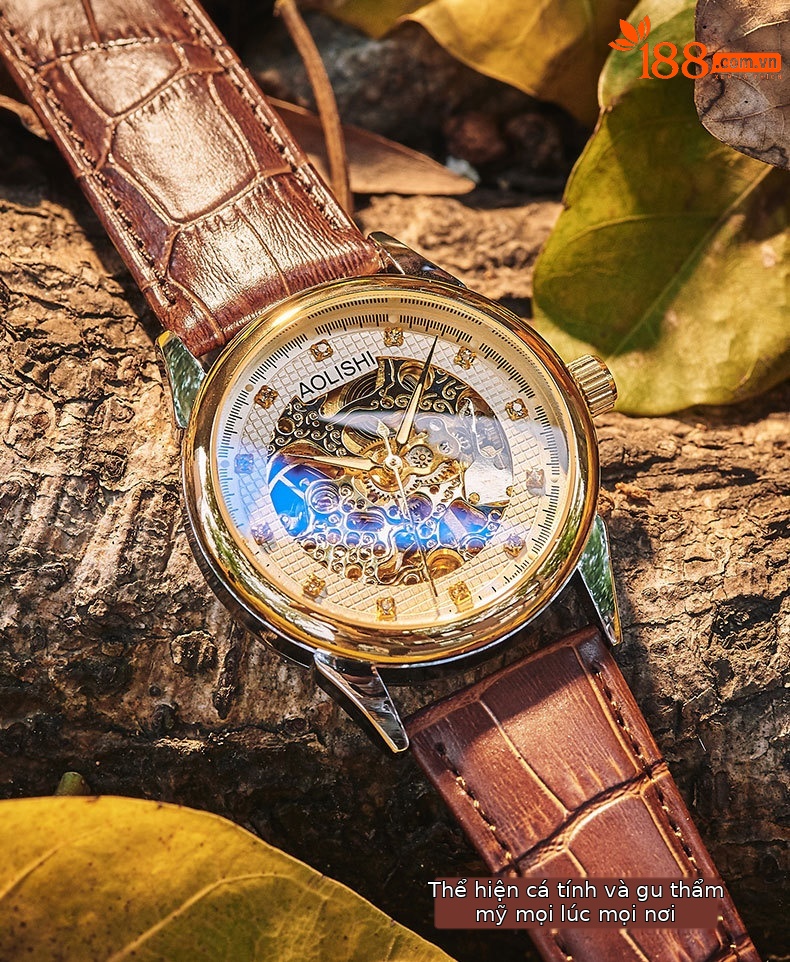 Đồng hồ nam Automatic Skeleton Tourbillon lộ máy, dây da hoặc thép, mặt kính chống xước, phát quang, chống nước chi tiết 11