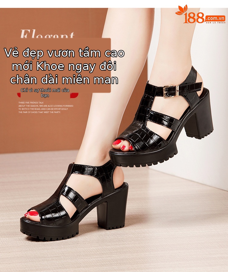 Sandal cao gót nữ đế xuồng da bóng mùa hè 2025, gót 9 cm, đế dày platform, hở mũi, size lớn 40-43 — Màu đen, Màu trắng chi tiết 3