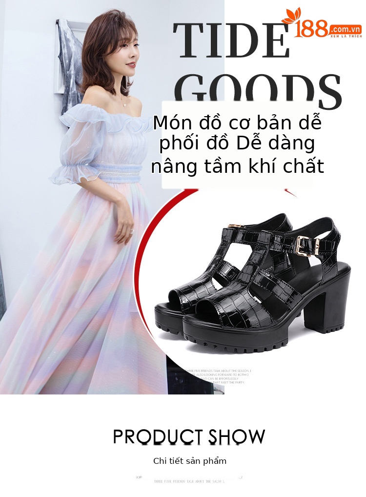 Sandal cao gót nữ đế xuồng da bóng mùa hè 2025, gót 9 cm, đế dày platform, hở mũi, size lớn 40-43 — Màu đen, Màu trắng chi tiết 6