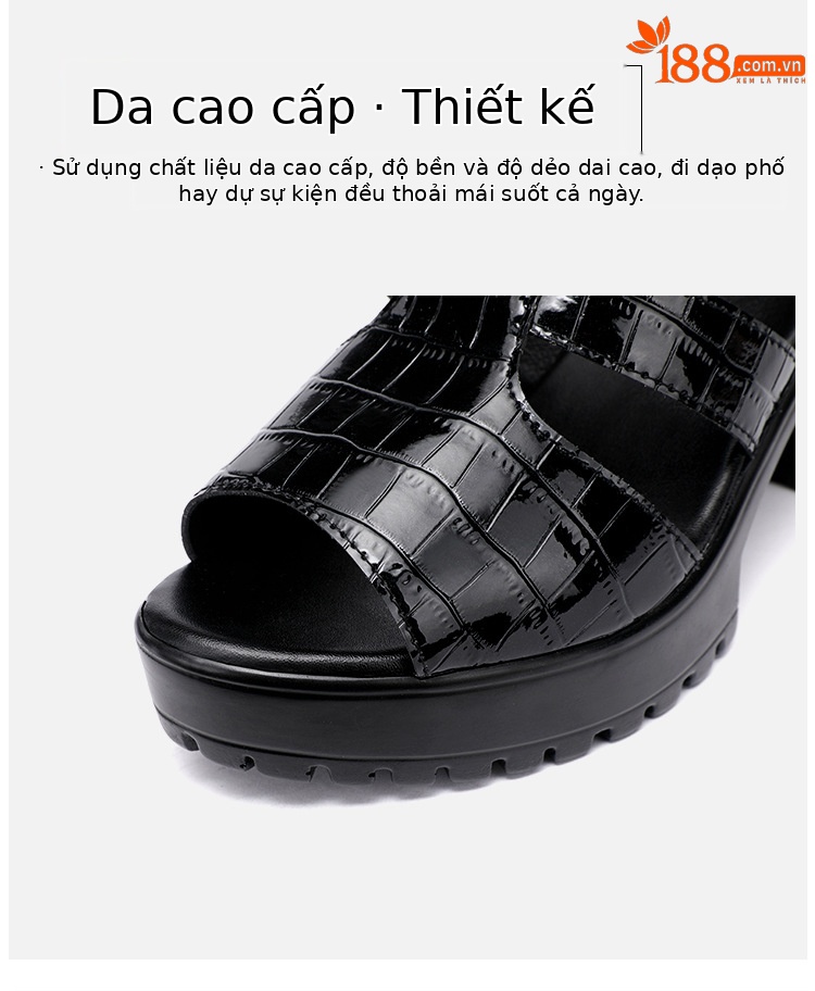 Sandal cao gót nữ đế xuồng da bóng mùa hè 2025, gót 9 cm, đế dày platform, hở mũi, size lớn 40-43 — Màu đen, Màu trắng chi tiết 7