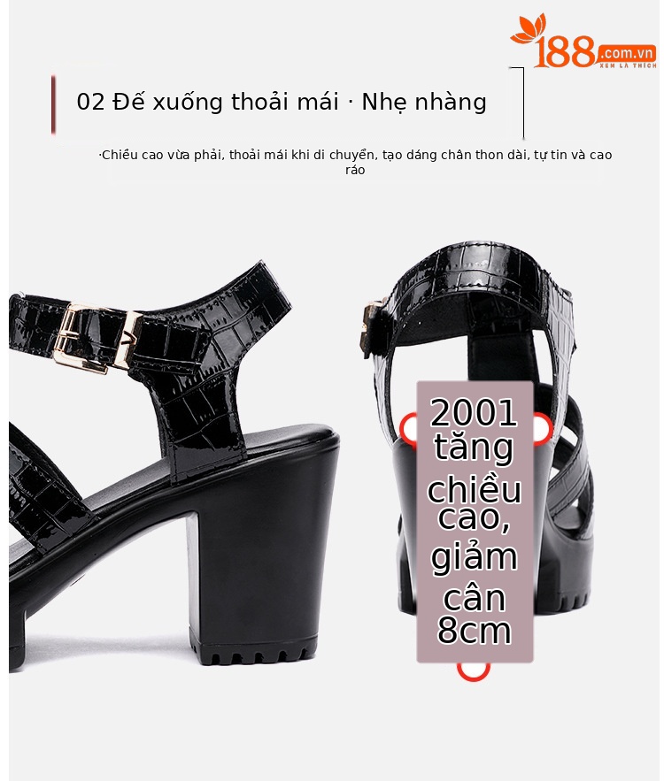 Sandal cao gót nữ đế xuồng da bóng mùa hè 2025, gót 9 cm, đế dày platform, hở mũi, size lớn 40-43 — Màu đen, Màu trắng chi tiết 8