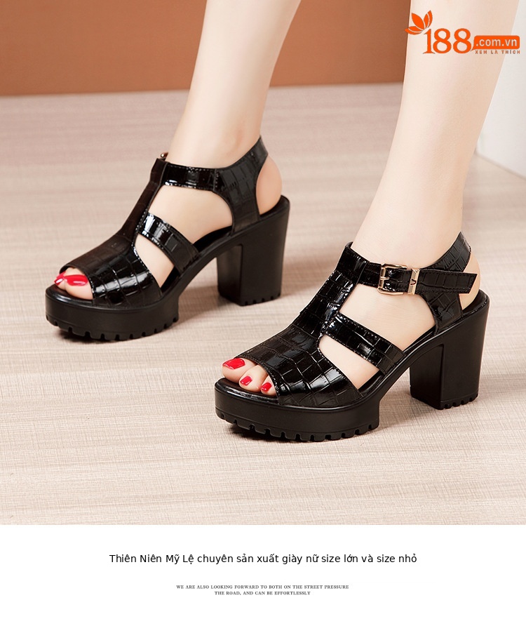 Sandal cao gót nữ đế xuồng da bóng mùa hè 2025, gót 9 cm, đế dày platform, hở mũi, size lớn 40-43 — Màu đen, Màu trắng chi tiết 11