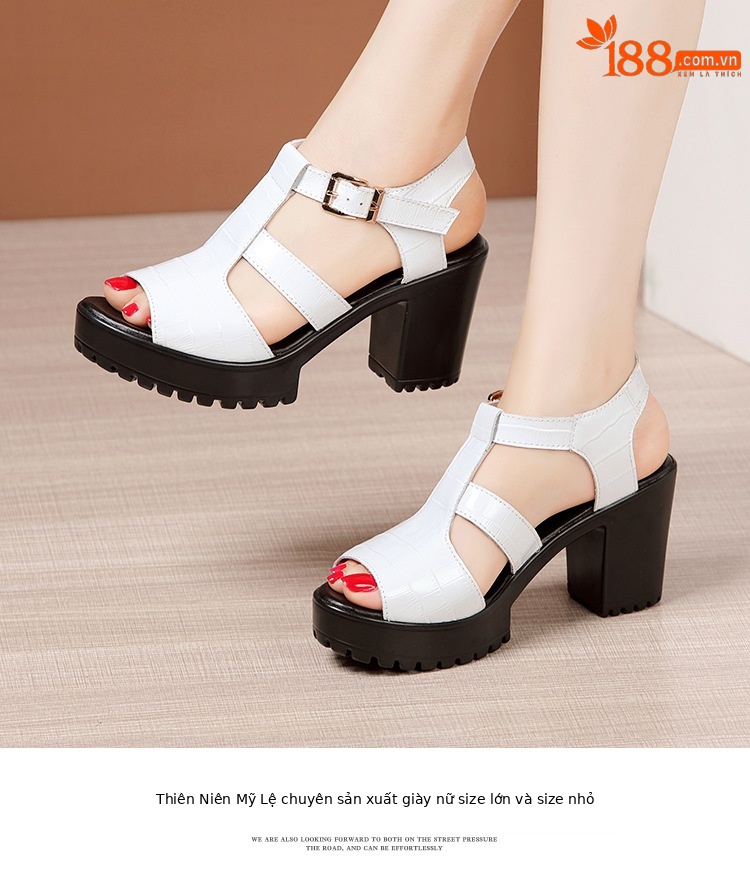 Sandal cao gót nữ đế xuồng da bóng mùa hè 2025, gót 9 cm, đế dày platform, hở mũi, size lớn 40-43 — Màu đen, Màu trắng chi tiết 14