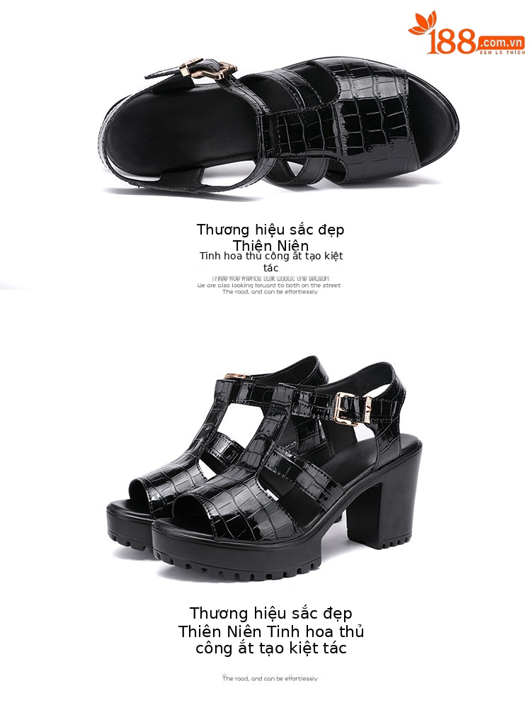Sandal cao gót nữ đế xuồng da bóng mùa hè 2025, gót 9 cm, đế dày platform, hở mũi, size lớn 40-43 — Màu đen, Màu trắng chi tiết 17