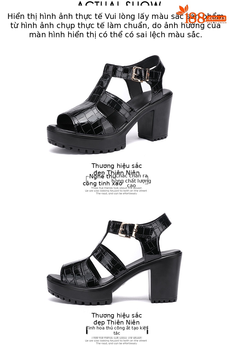 Sandal cao gót nữ đế xuồng da bóng mùa hè 2025, gót 9 cm, đế dày platform, hở mũi, size lớn 40-43 — Màu đen, Màu trắng chi tiết 16