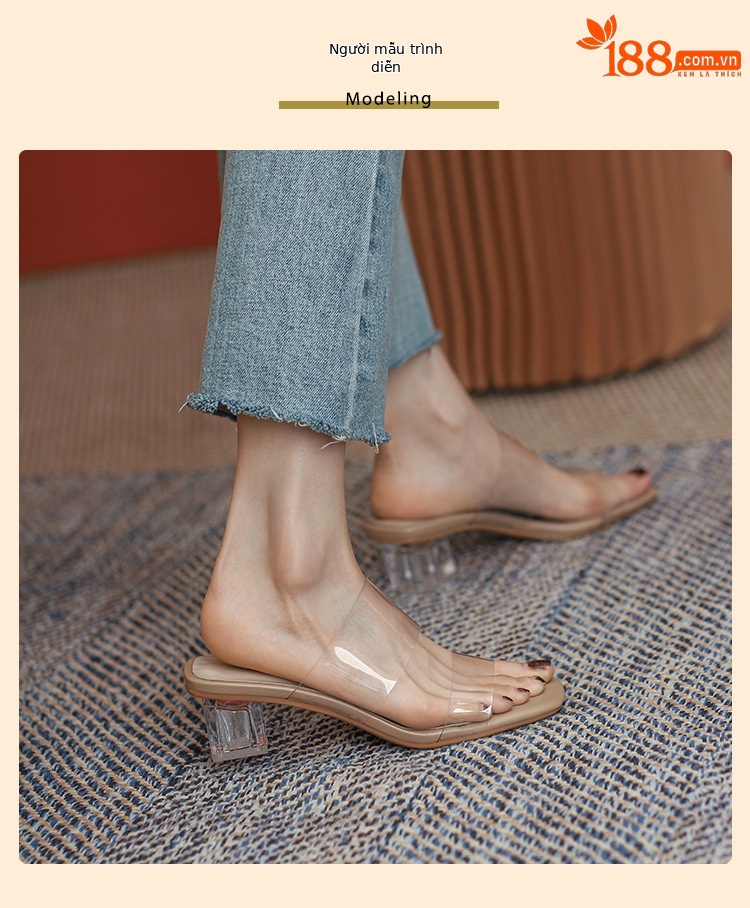 Sandal nữ gót pha lê một dây, gót dày vừa phải, đính sequin đi ngoài trời — Màu mơ [cao gót] chi tiết 4