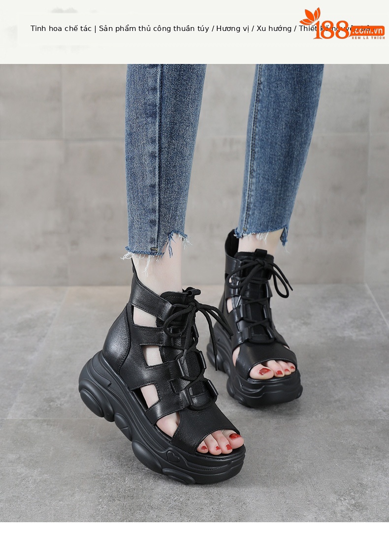 Sandal nữ da bò thật đế dày phong cách La Mã, mũi hở, gót cao — Màu nâu chi tiết 1
