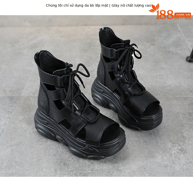 Sandal nữ da bò thật đế dày phong cách La Mã, mũi hở, gót cao — Màu nâu chi tiết 2