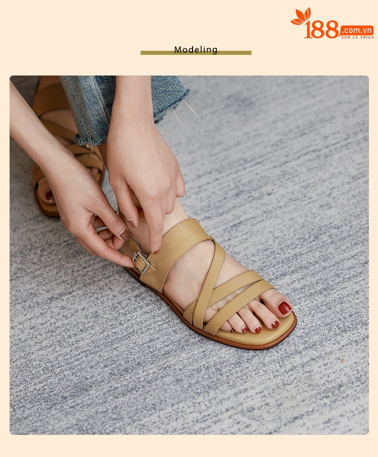Sandal nữ quai ngang mảnh hở mũi đế bệt phong cách La Mã — Màu be chi tiết 3