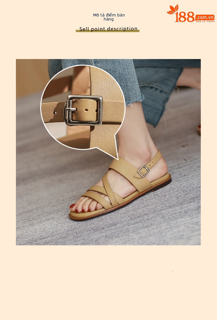 Sandal nữ quai ngang mảnh hở mũi đế bệt phong cách La Mã — Màu be chi tiết 15