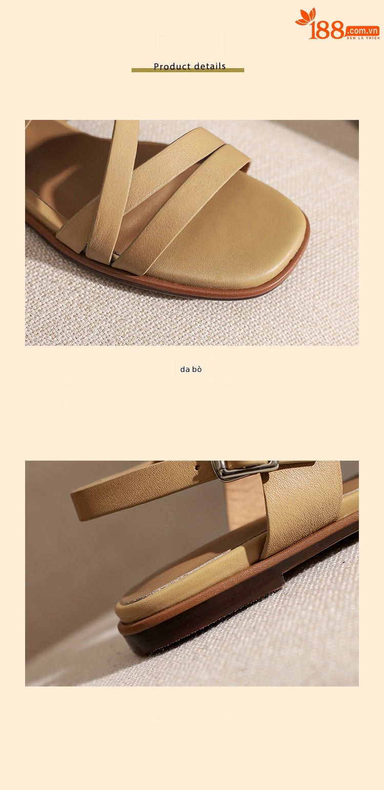 Sandal nữ quai ngang mảnh hở mũi đế bệt phong cách La Mã — Màu be chi tiết 16