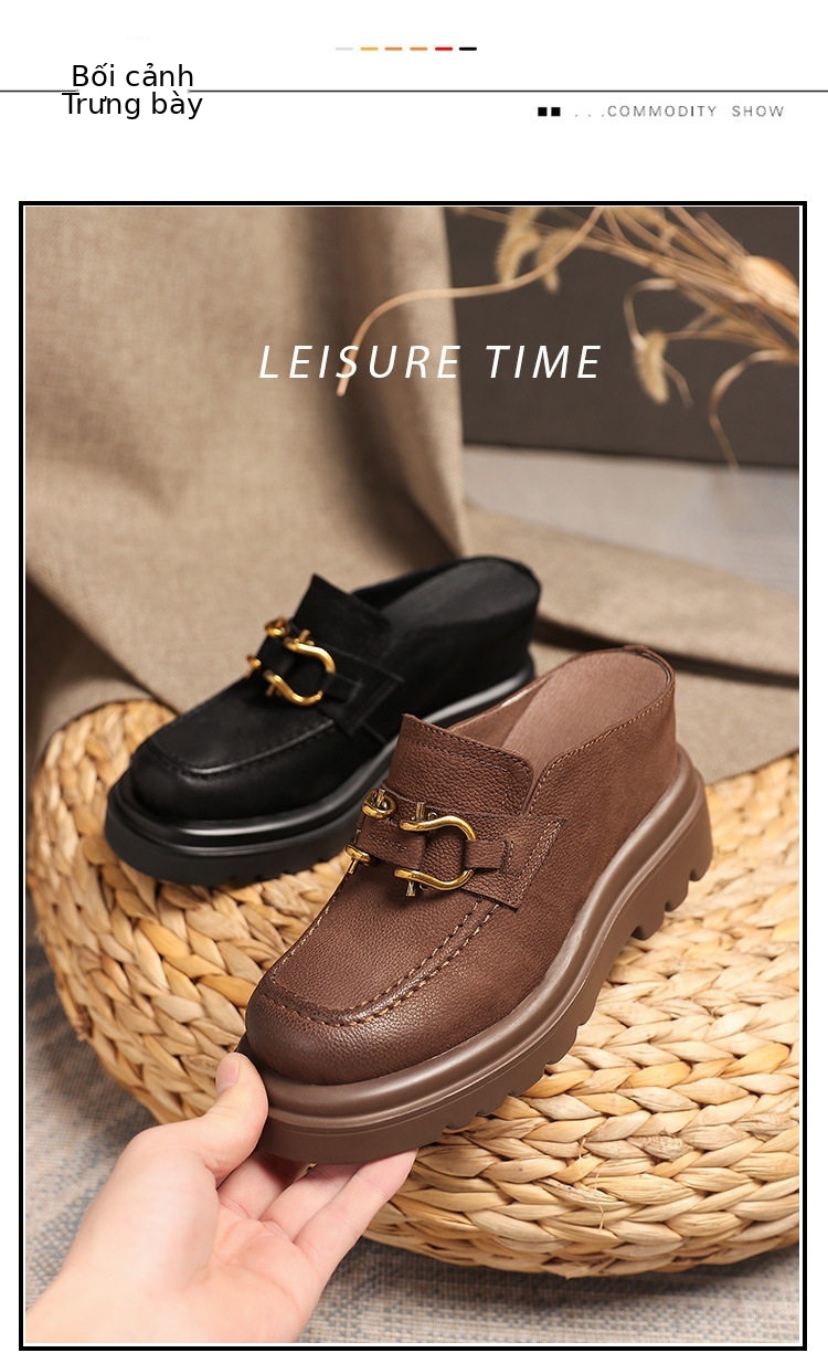 Giày lười nữ mũi vuông đế bệt phong cách casual — Đen, Cà phê chi tiết 3