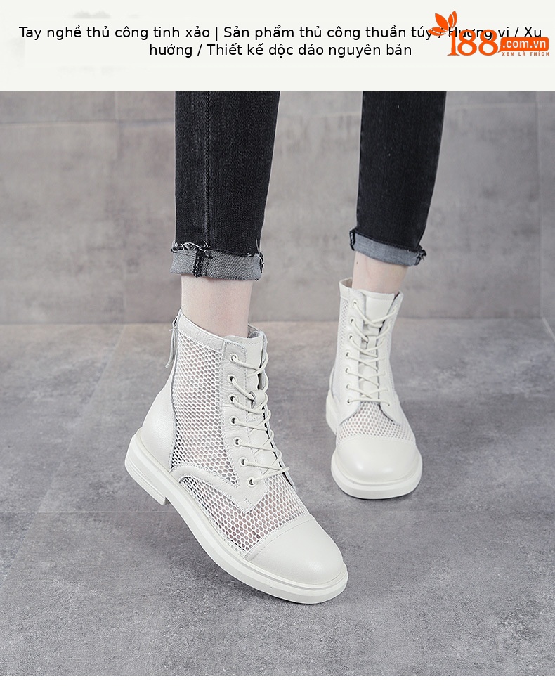 Boot Martin lưới thoáng khí mùa hè cho nữ, da thật phong cách Anh — Màu đen chi tiết 1