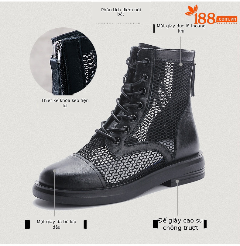 Boot Martin lưới thoáng khí mùa hè cho nữ, da thật phong cách Anh — Màu đen chi tiết 3