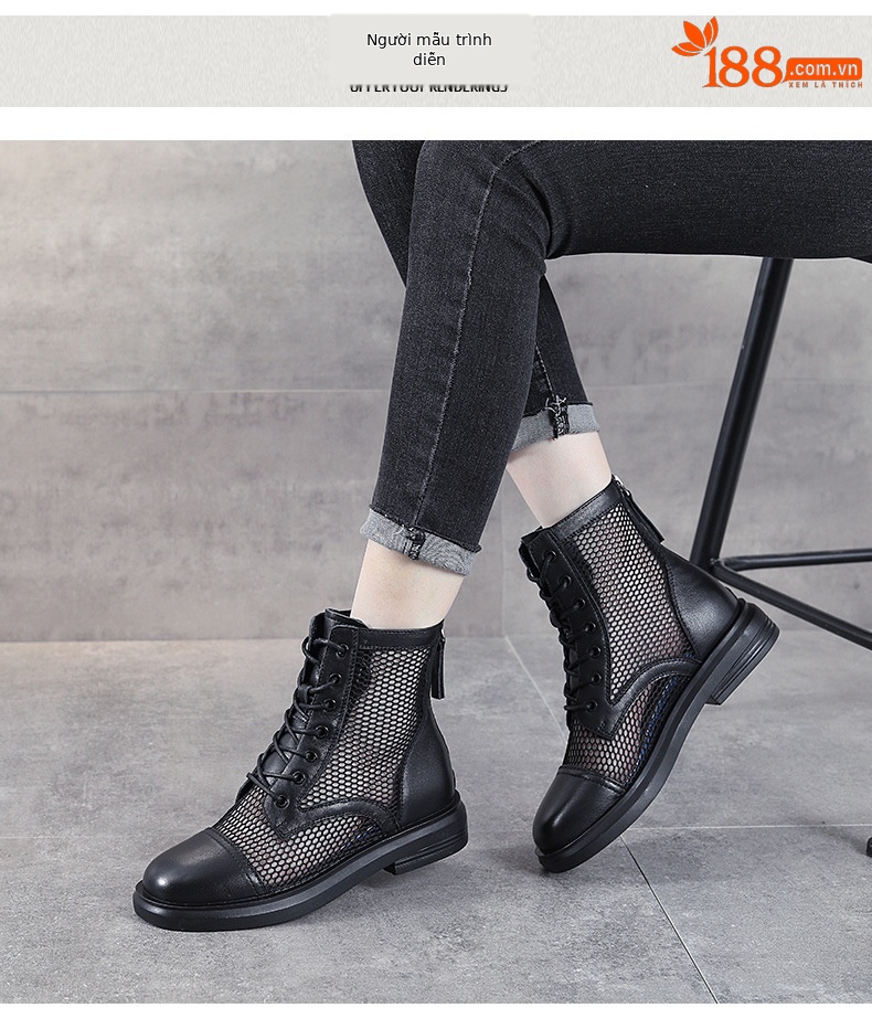 Boot Martin lưới thoáng khí mùa hè cho nữ, da thật phong cách Anh — Màu đen chi tiết 9