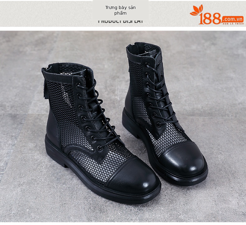 Boot Martin lưới thoáng khí mùa hè cho nữ, da thật phong cách Anh — Màu đen chi tiết 10