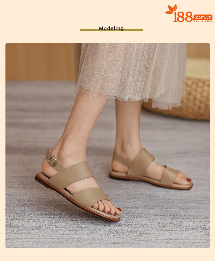 Sandal nữ quai ngang đế bệt phong cách La Mã hở ngón mùa hè — Màu be chi tiết 9