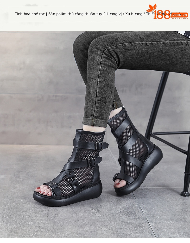 Boot nữ cổ thấp da thật đế xuồng cao, miệng cá lưới thoáng khí — Màu đen chi tiết 1