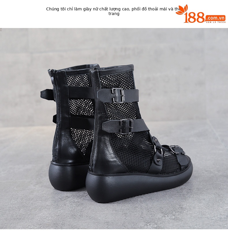 Boot nữ cổ thấp da thật đế xuồng cao, miệng cá lưới thoáng khí — Màu đen chi tiết 2