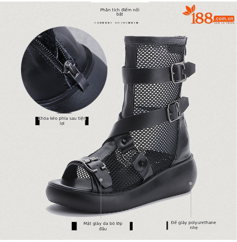 Boot nữ cổ thấp da thật đế xuồng cao, miệng cá lưới thoáng khí — Màu đen chi tiết 3