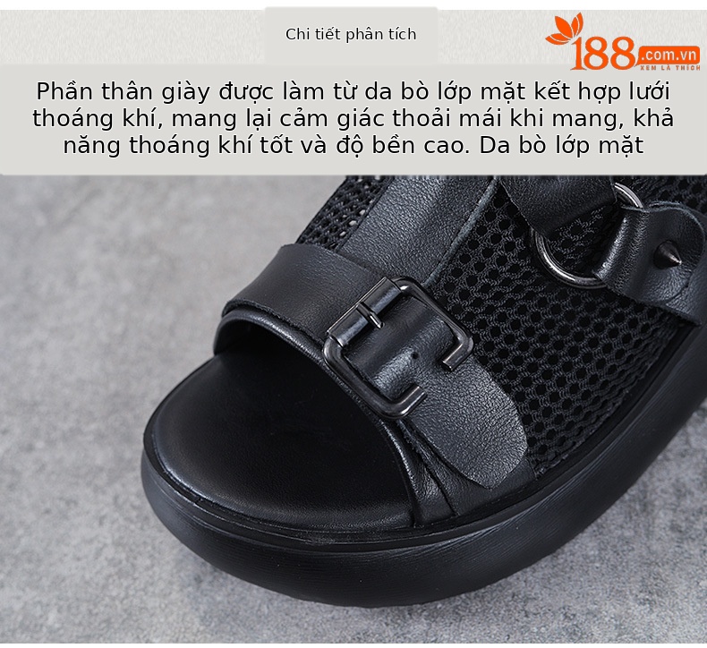 Boot nữ cổ thấp da thật đế xuồng cao, miệng cá lưới thoáng khí — Màu đen chi tiết 4