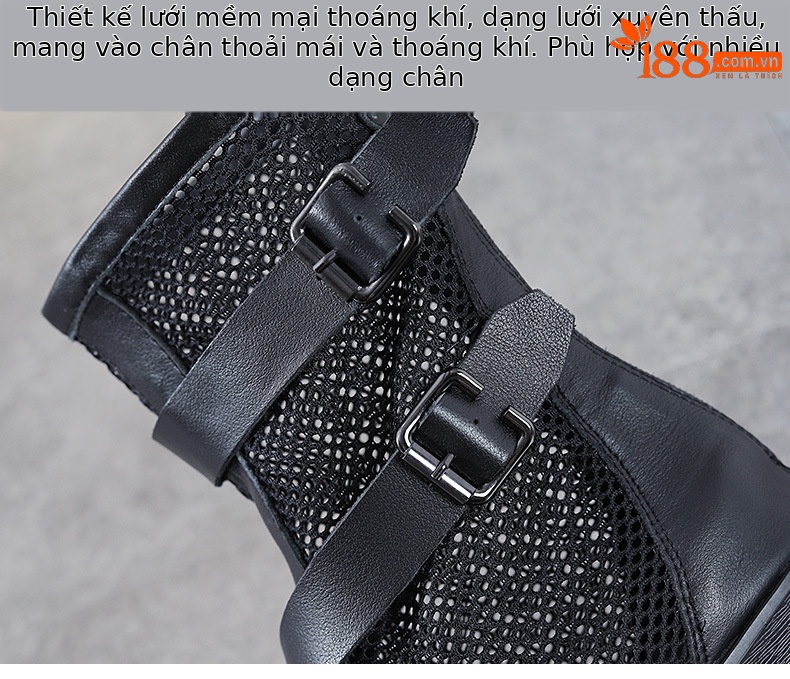 Boot nữ cổ thấp da thật đế xuồng cao, miệng cá lưới thoáng khí — Màu đen chi tiết 5