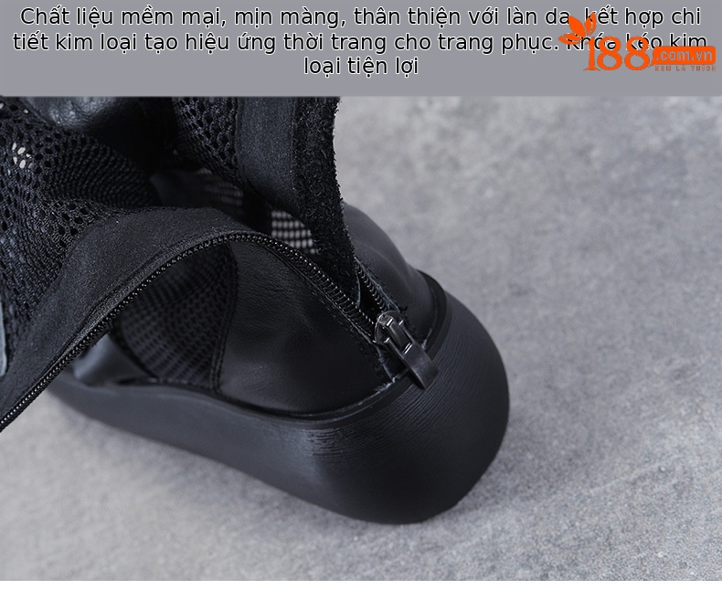 Boot nữ cổ thấp da thật đế xuồng cao, miệng cá lưới thoáng khí — Màu đen chi tiết 6