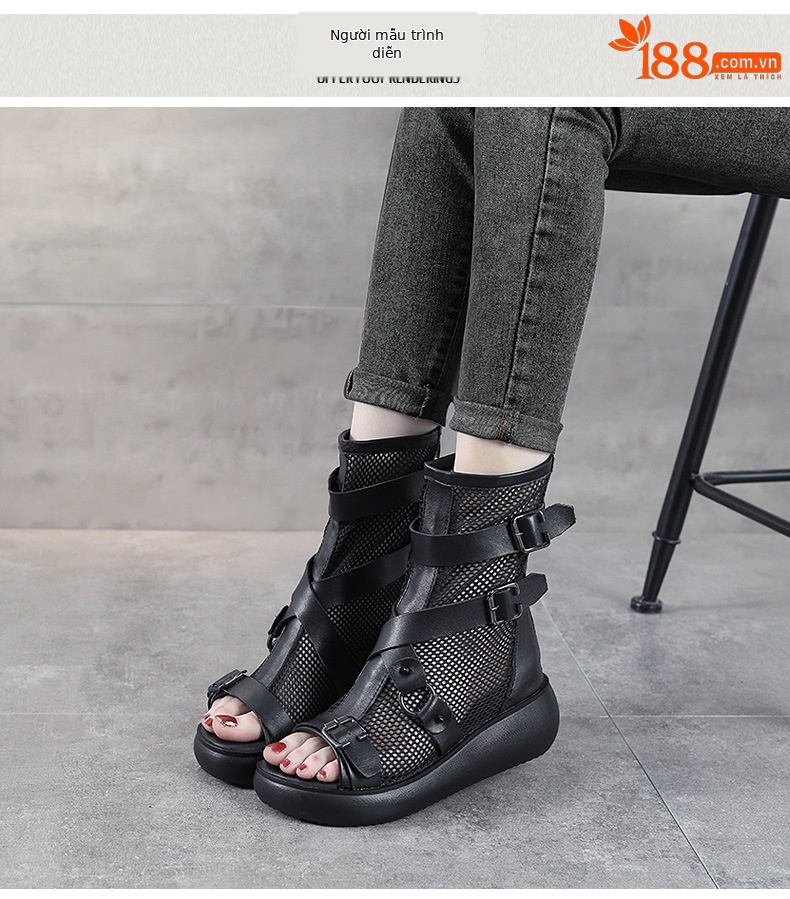Boot nữ cổ thấp da thật đế xuồng cao, miệng cá lưới thoáng khí — Màu đen chi tiết 8