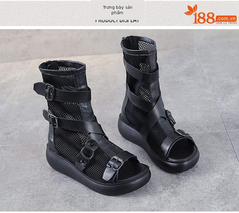 Boot nữ cổ thấp da thật đế xuồng cao, miệng cá lưới thoáng khí — Màu đen chi tiết 9