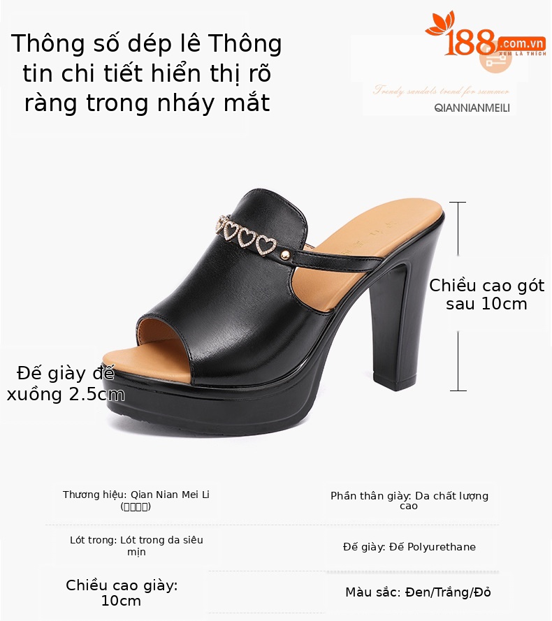 Dép sandal cao gót nữ đế xuồng đính đá gót 10 cm — Đỏ 10cm, Màu đen 10cm, Màu trắng 10cm chi tiết 3