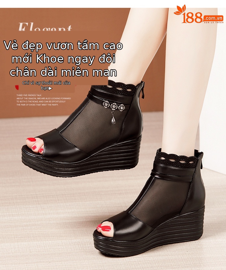 Sandal cao gót đế xuồng lưới nữ mũi hở, gót 9 cm, đế dày thoáng khí — Màu đen chi tiết 3