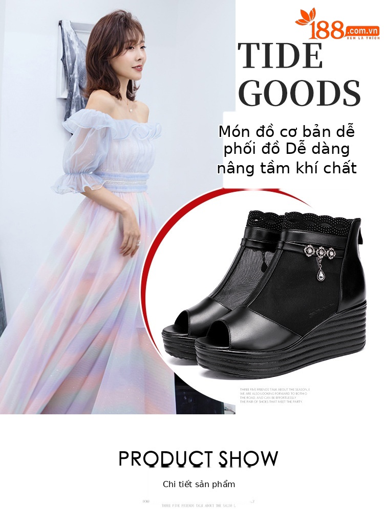 Sandal cao gót đế xuồng lưới nữ mũi hở, gót 9 cm, đế dày thoáng khí — Màu đen chi tiết 5