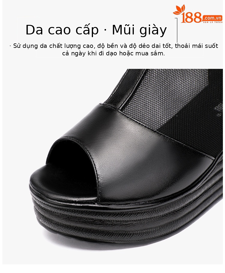 Sandal cao gót đế xuồng lưới nữ mũi hở, gót 9 cm, đế dày thoáng khí — Màu đen chi tiết 6